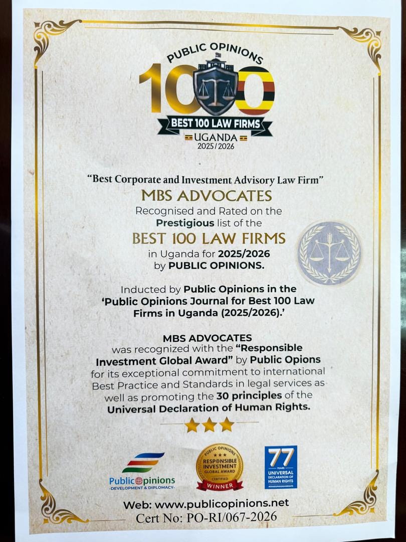 MBS Advocates - Best 100 Law Firms in Uganda 2025/2026 Award Certificate, Public Opinions